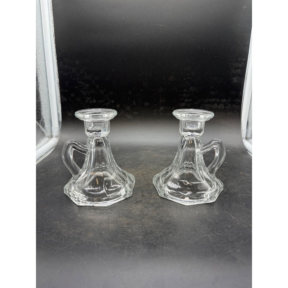 Vintage Clear Glass Finger Loop Chamberstick Taper Candle Holders Set of 2